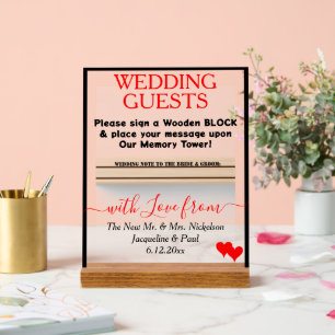 Red Black Wood Guest Book Block Game Hearts Acrylic Sign