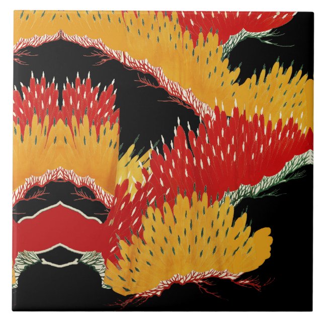 RED BLACK YELLOW ABSTRACT JAPANESE FLORAL TILE (Front)