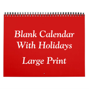 Red Blank Calendar With Holidays and Large Numbers