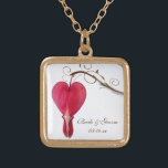 Red Bleeding Heart Flower Wedding Gold Plated Necklace<br><div class="desc">The elegant Red Bleeding Heart Flower Wedding Pendant Necklace makes a unique personalised keepsake gift for the bride or her bridesmaids and bridal party. This classy custom flowery nuptial necklace features a close up floral photograph of a red bleeding heart flower blossom, or dicentra, on the stem on a white...</div>