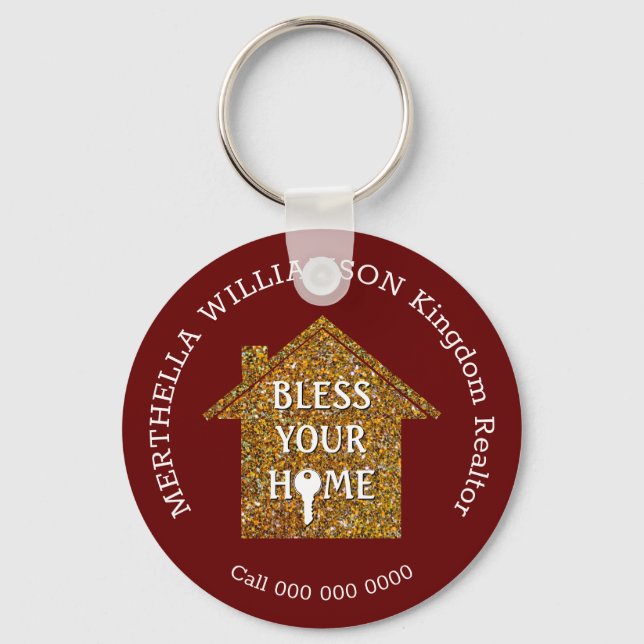 Red BLESS YOUR HOME Real Estate Realtor Keychain (Front)