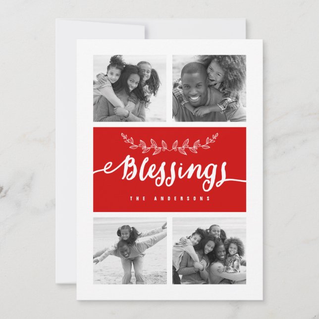 Red Blessings Photo Collage Christmas Holiday Card (Front)