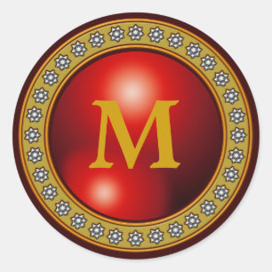 Red Bling Bling Monogram Classic Round Sticker