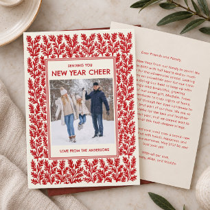 Red Block Print Folk Art New Year Cheer Photo Holiday Card
