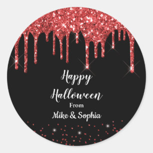 Red Blood Glitter Dripping Vampire Halloween Black Classic Round Sticker
