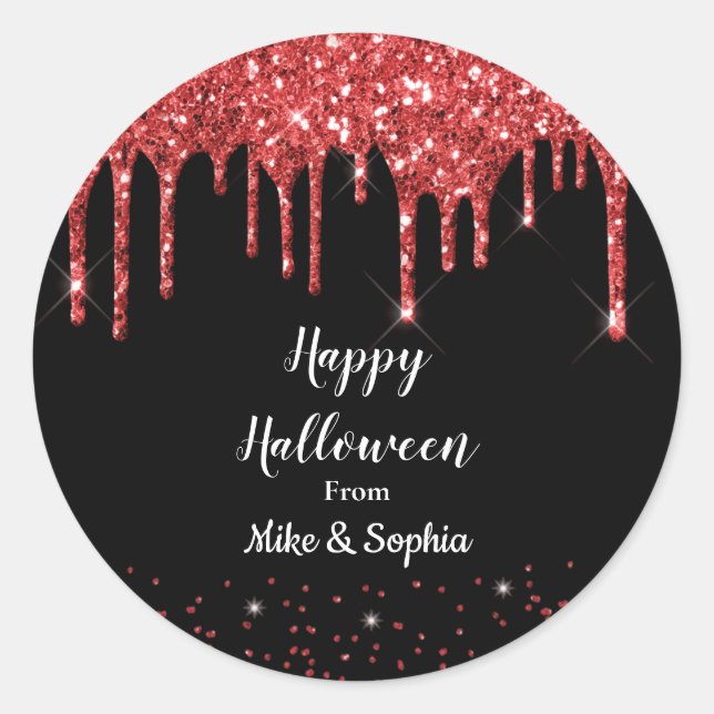 Red Blood Glitter Dripping Vampire Halloween Black Classic Round Sticker (Front)