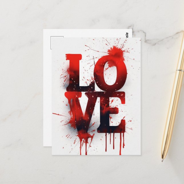 Red Blood Splatter LOVE Valentine Postcard (Front/Back In Situ)