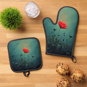 Red Bloom in the Dark Mist Design Oven Mitt & Pot Holder Set