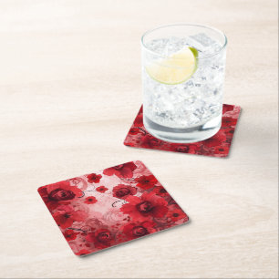 Red Bloom Symphony Square Paper Coaster