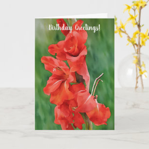 Red Blooming Gladiolus Flowers Art Birthday Card