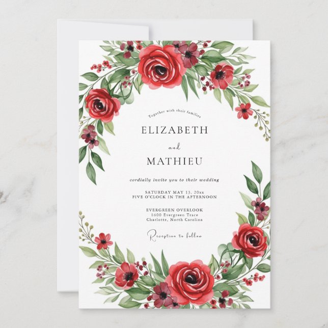 Red Blooming Romance Wedding Invitation (Front)