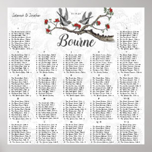 Red Blooms Vintage Birds Reception Seating Chart