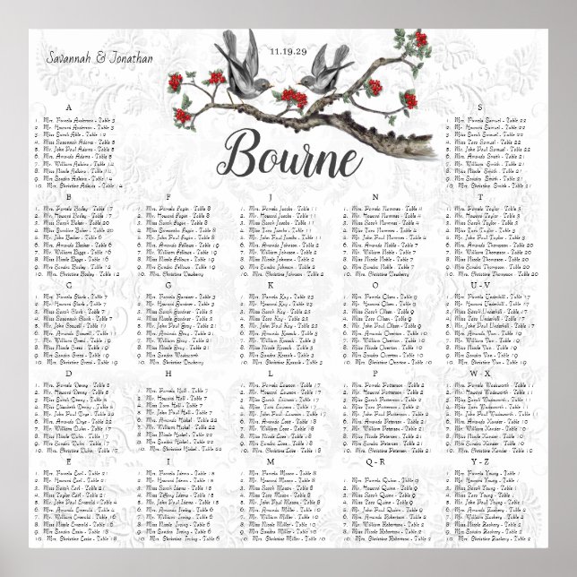 Red Blooms Vintage Birds Reception Seating Chart (Front)