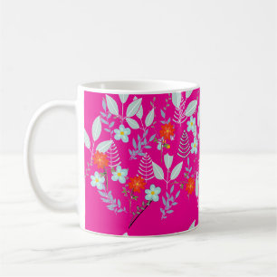 Red Blossom + Leaves Hot Pink Coffee Mug