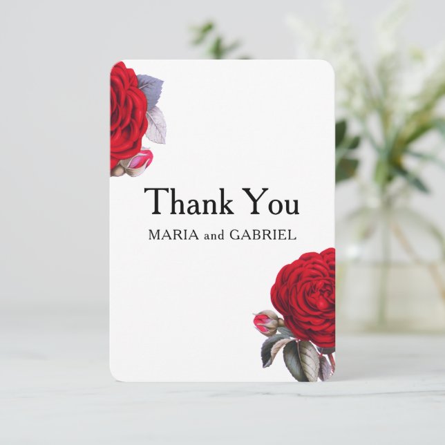 Red blossom rose. Stylish chic Wedding Thank You (Standing Front)