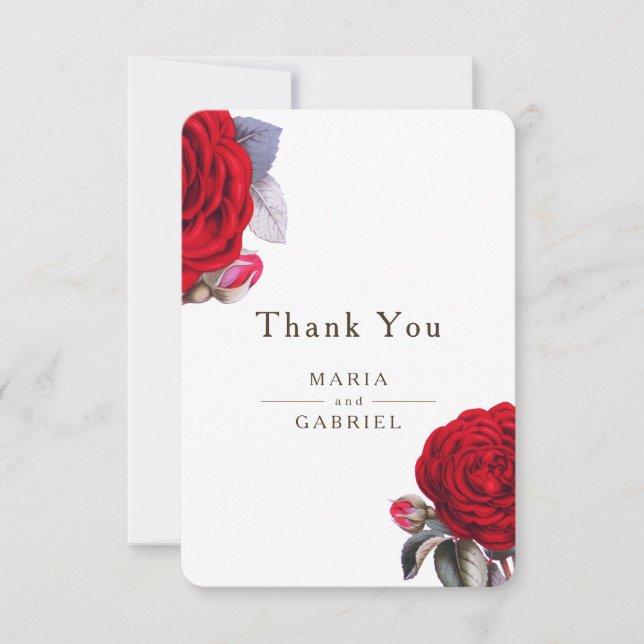 Red blossom rose. Summer Chic elegant Wedding Thank You Card (Front)