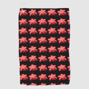 Red Blossom Watercolor Floral Pattern on Black Golf Towel