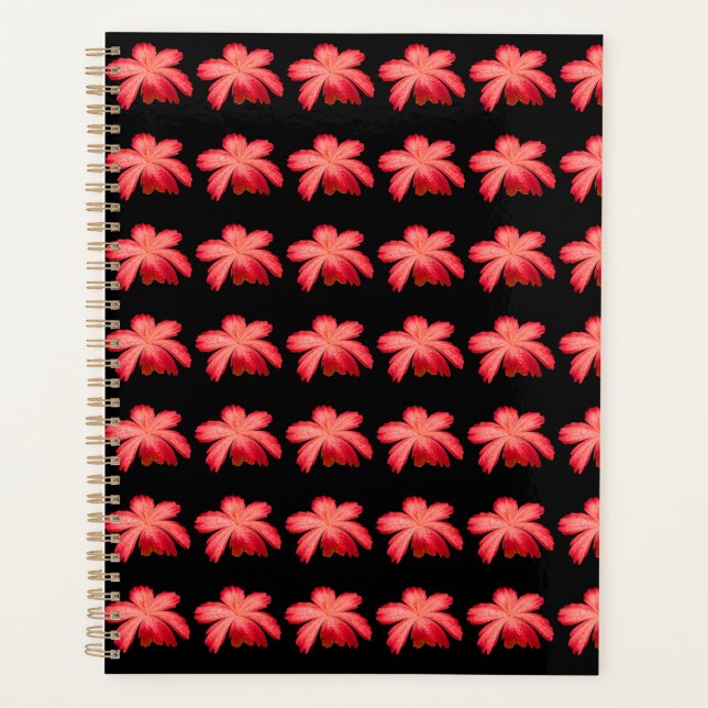 Red Blossom Watercolor Floral Pattern on Black  Planner (Front)