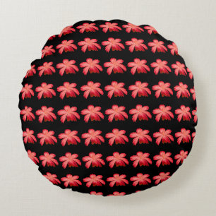 Red Blossom Watercolor Floral Pattern on Black  Round Cushion