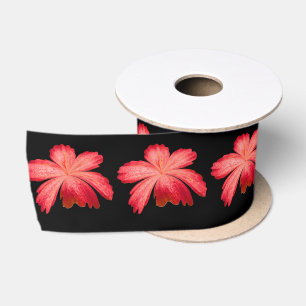 Red Blossom Watercolor Floral Pattern on Black Satin Ribbon