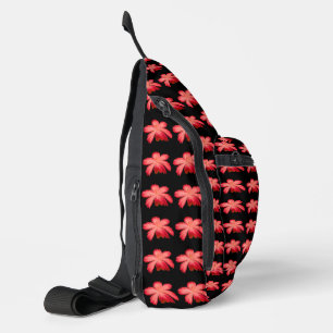 Red Blossom Watercolor Floral Pattern on Black Sling Bag