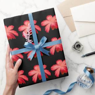Red Blossom Watercolor Floral Pattern on Black  Wrapping Paper