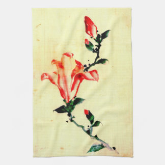 Red Blossom with Buds 1840 Tea Towel
