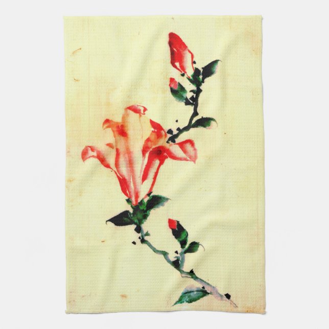 Red Blossom with Buds 1840 Tea Towel (Vertical)