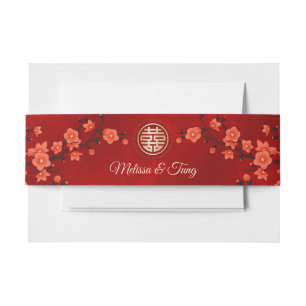 Red Blossoms Gold Chinese Wedding Custom Invitation Belly Band