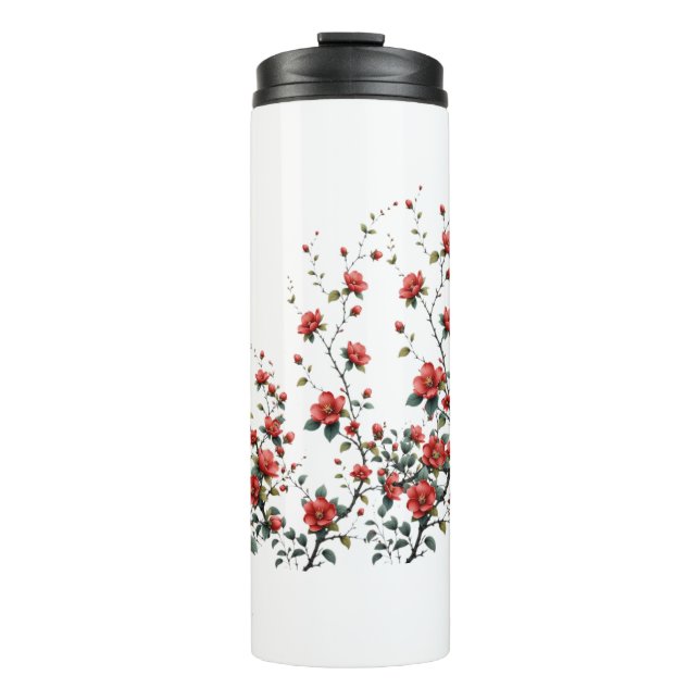Red Blossoms on Ivory Silent Spring Branch Ink and Thermal Tumbler (Front)