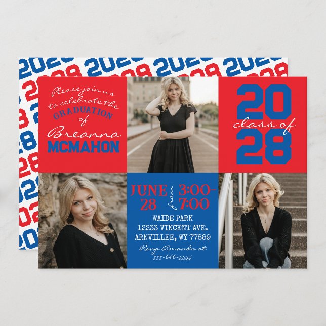 Red & Blue 3 Photo Graduation Invitation (Unique Red & Blue 3 Photo Graduation Party Invitations - Printed or Downloadable Format)
