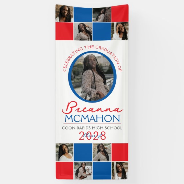 Red & Blue 9 Photo Collage Graduation Vinyl Banner (Vertical)