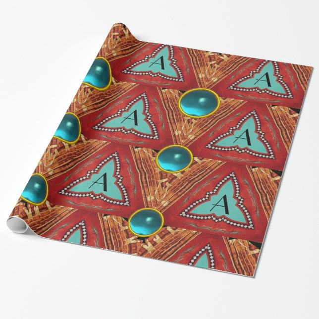 RED BLUE ABSTRACT GEOMETRIC TRIANGLE GEM MONOGRAM WRAPPING PAPER (Unrolled)