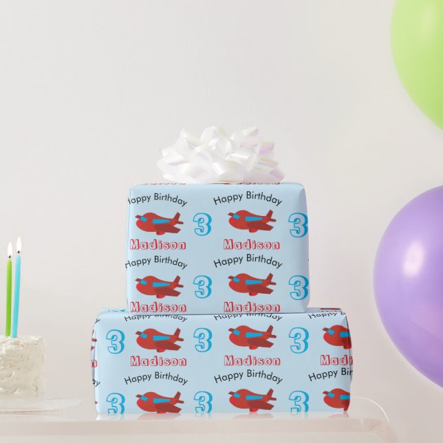 Red & Blue Aeroplane Pattern Birthday Name & Age Wrapping Paper (Party Gifts)