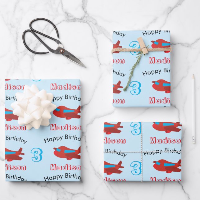 Red & Blue Aeroplane Pattern Birthday Name & Age Wrapping Paper Sheet (Front)