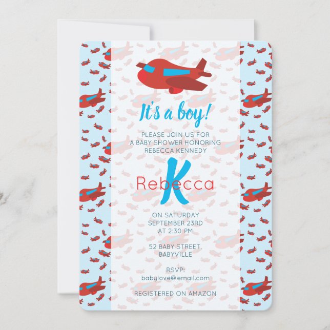 Red Blue Aeroplane Pattern Boy Baby Shower  Invitation (Front)