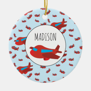 Red & Blue Aeroplane Pattern Custom Name Ceramic Tree Decoration