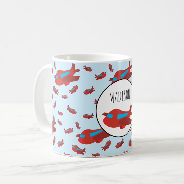 Red & Blue Aeroplane Pattern Custom Name Coffee Mug (Front Left)