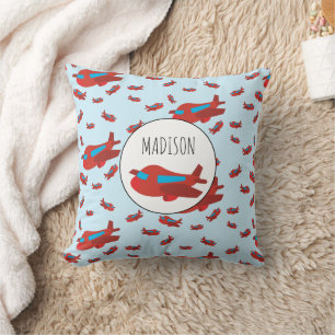 Red & Blue Aeroplane Pattern Custom Name Cushion