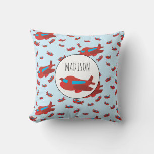 Red & Blue Aeroplane Pattern Custom Name Cushion