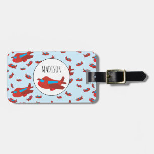 Red & Blue Aeroplane Pattern Custom Name Luggage Tag