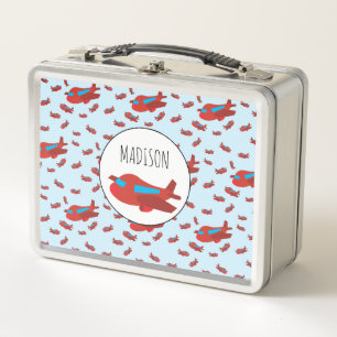Red & Blue Aeroplane Pattern Custom Name Metal Lunch Box