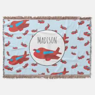 Red & Blue Aeroplane Pattern Custom Name Throw Blanket