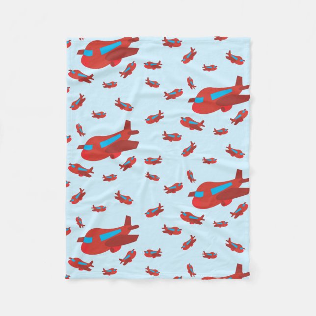 Red & Blue Aeroplane Pattern Fleece Blanket (Front)