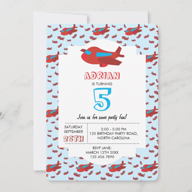 Red Blue Aeroplane Pattern Kids Boys Girls Birthda Invitation (Front)