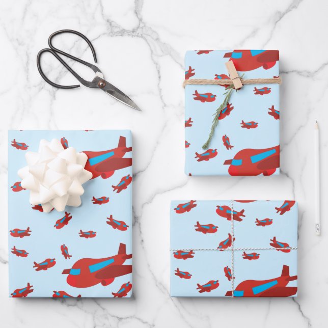 Red & Blue Aeroplane Pattern Wrapping Paper Sheet (Front)