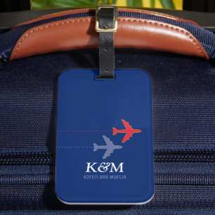 red & blue Aeroplanes with Couple Names Travel Luggage Tag