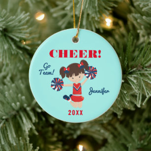 Red, Blue and Aqua Cheer Brunette Cheerleader Ceramic Tree Decoration