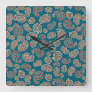 Red, Blue and Beige Paisley Pattern Square Wall Clock
