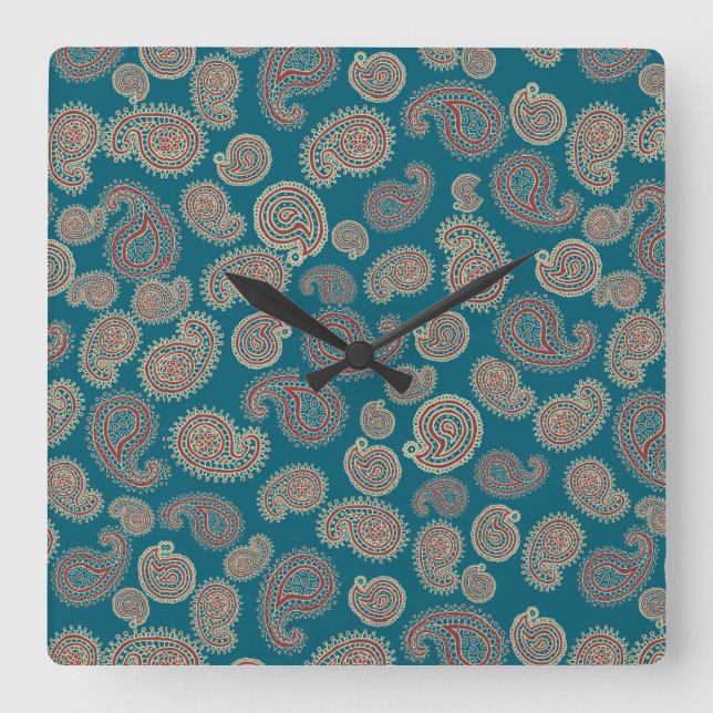 Red, Blue and Beige Paisley Pattern Square Wall Clock (Front)